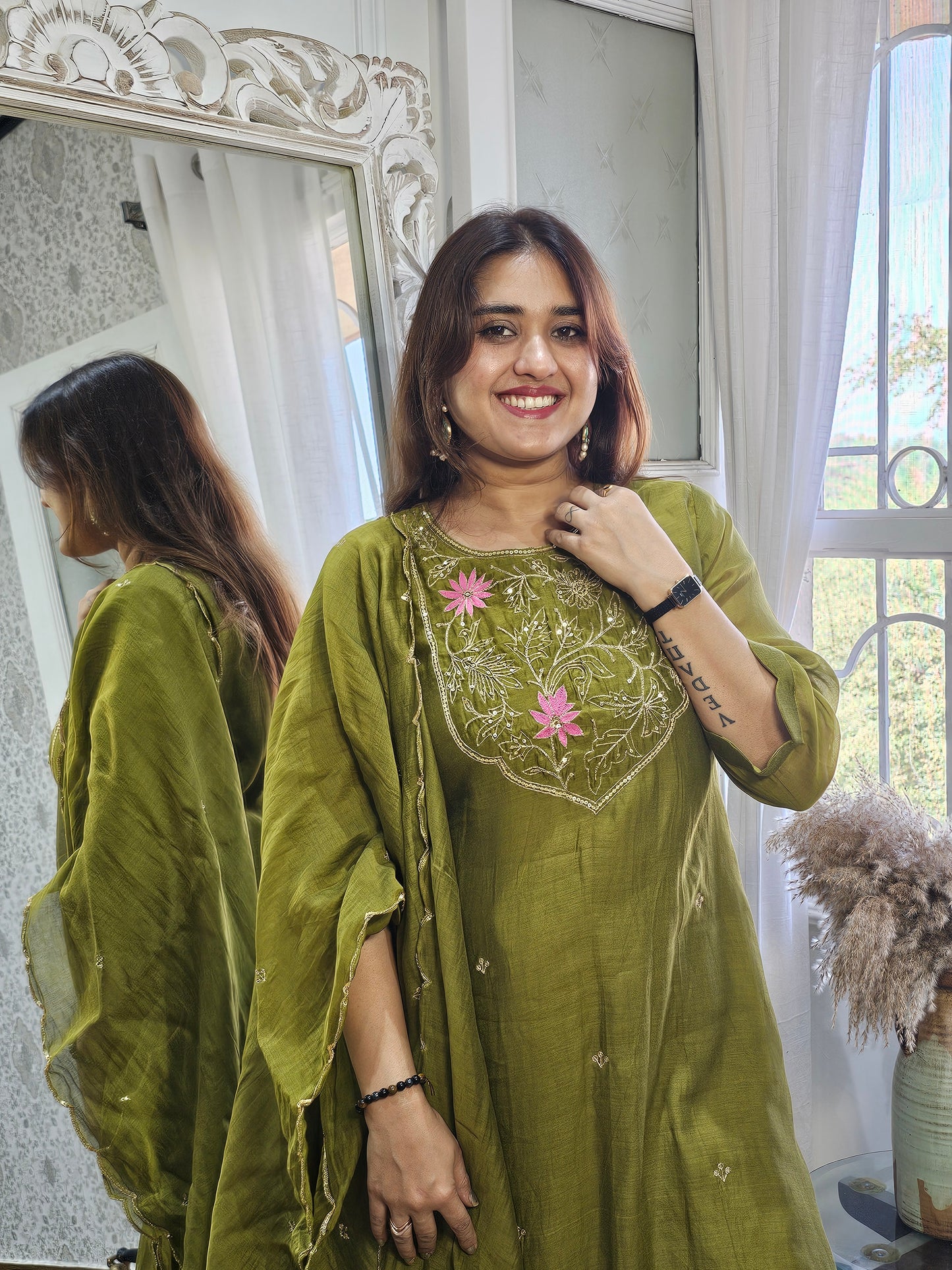 Jeenas zari mehndi green mul chanderi suit