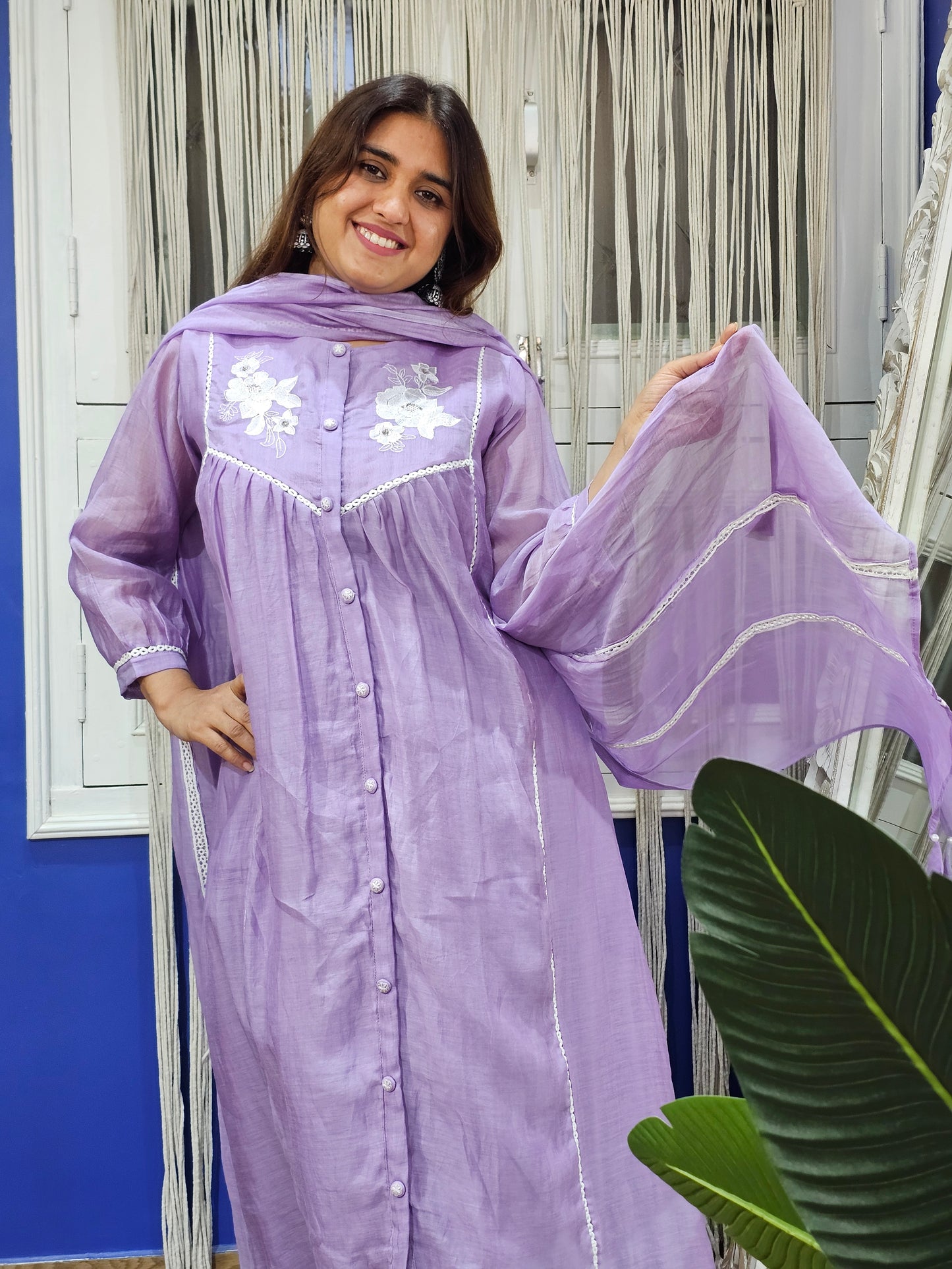 Jeenas embroidered pure mul chanderi suit set