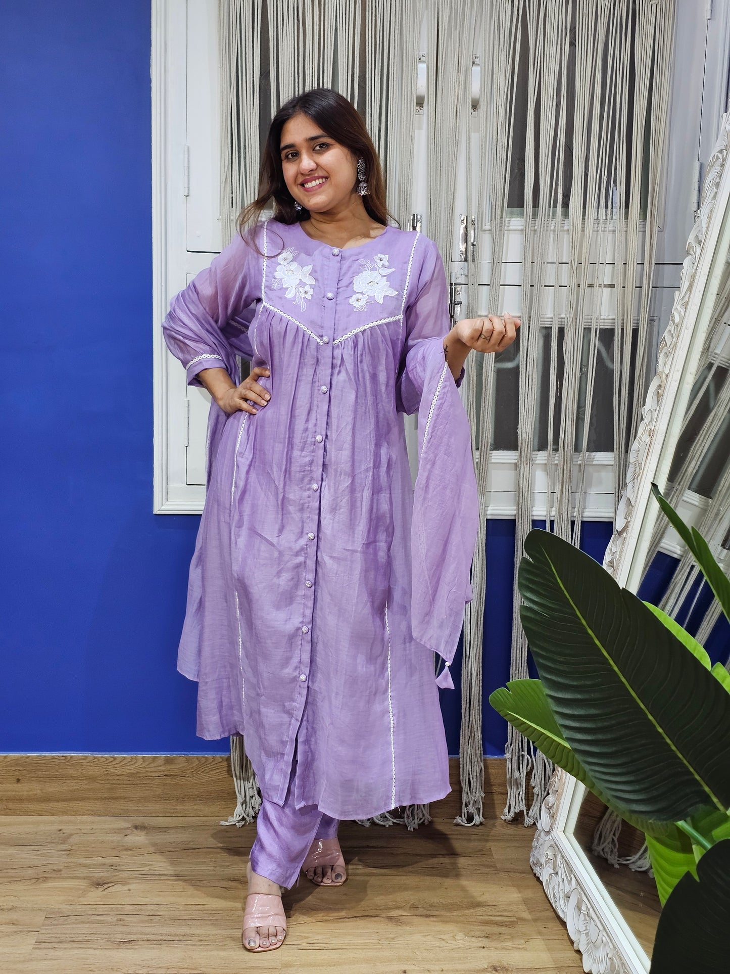 Jeenas embroidered pure mul chanderi suit set