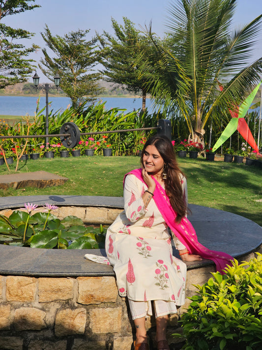Jeenas floral pure cotton suit with doriya dupatta