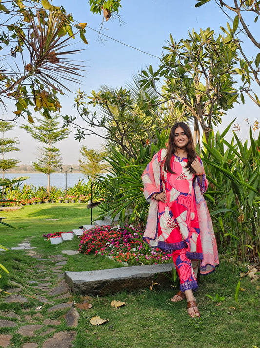 Jeenas floral a line short mal cotton suit