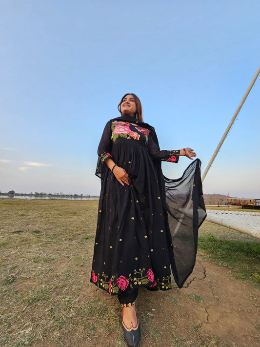 Jeenas black anarkali mal cotton suit