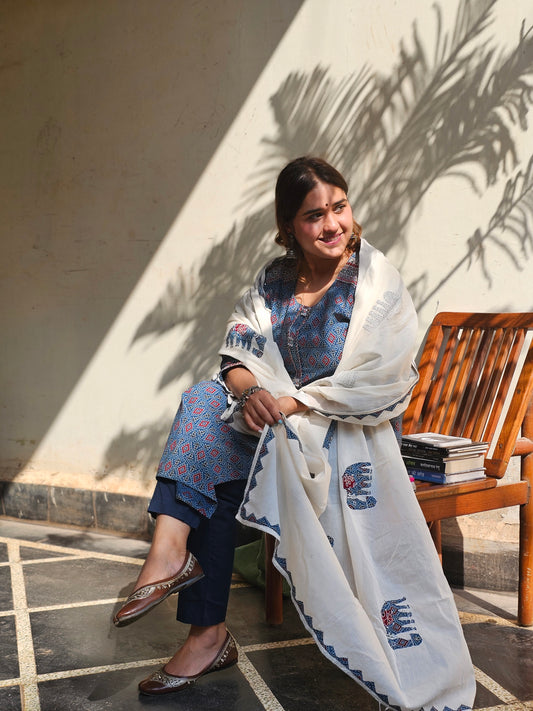 Jeenas ajrak print pure mul cotton suit with applique dupatta