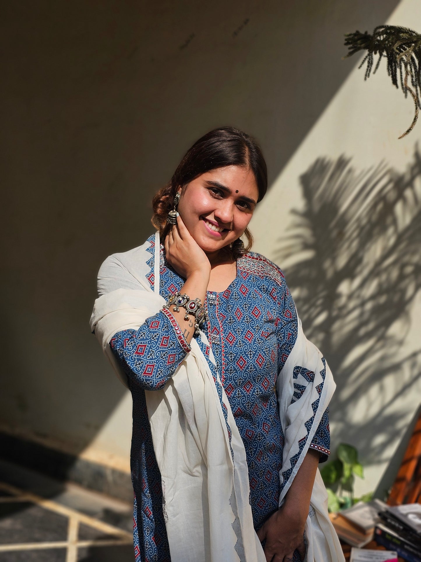 Jeenas ajrak print pure mul cotton suit with applique dupatta