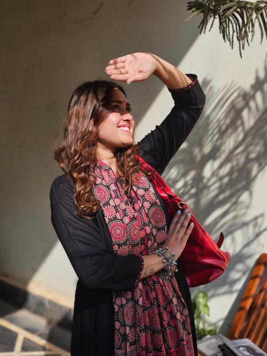 Jeenas solid black with ajrak &nbsp;print dupatta cotton suit set
