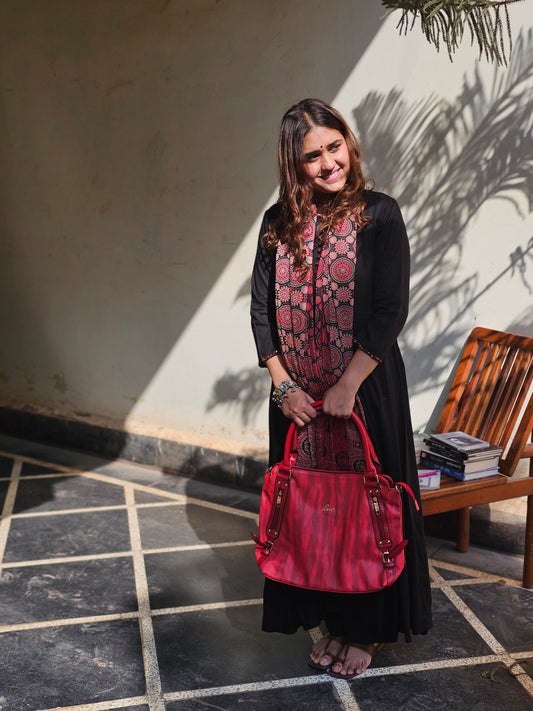 Jeenas solid black with ajrak &nbsp;print dupatta cotton suit set