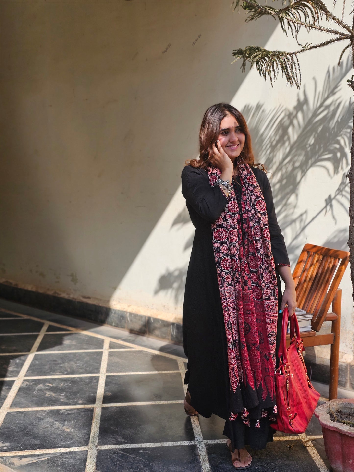 Jeenas solid black with ajrak &nbsp;print dupatta cotton suit set
