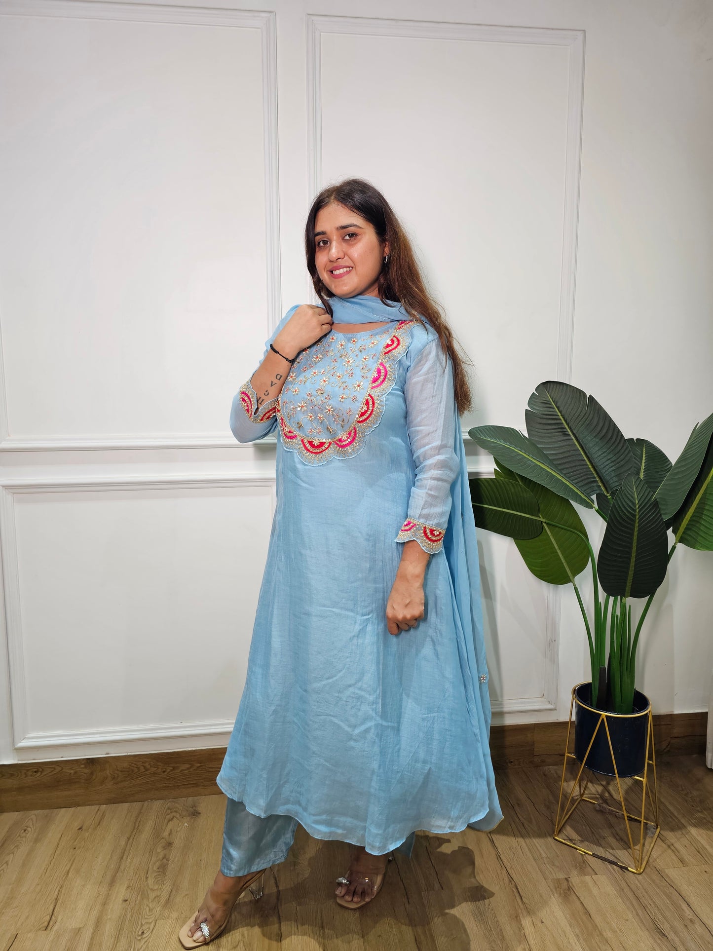 Jeenas pure mul chanderi zari suit set