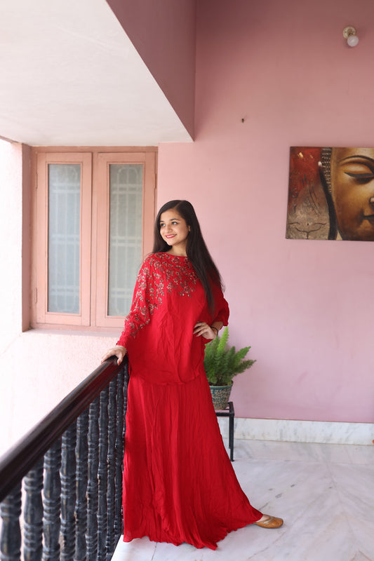 JEENAS Women Red Long Embroidered Dress