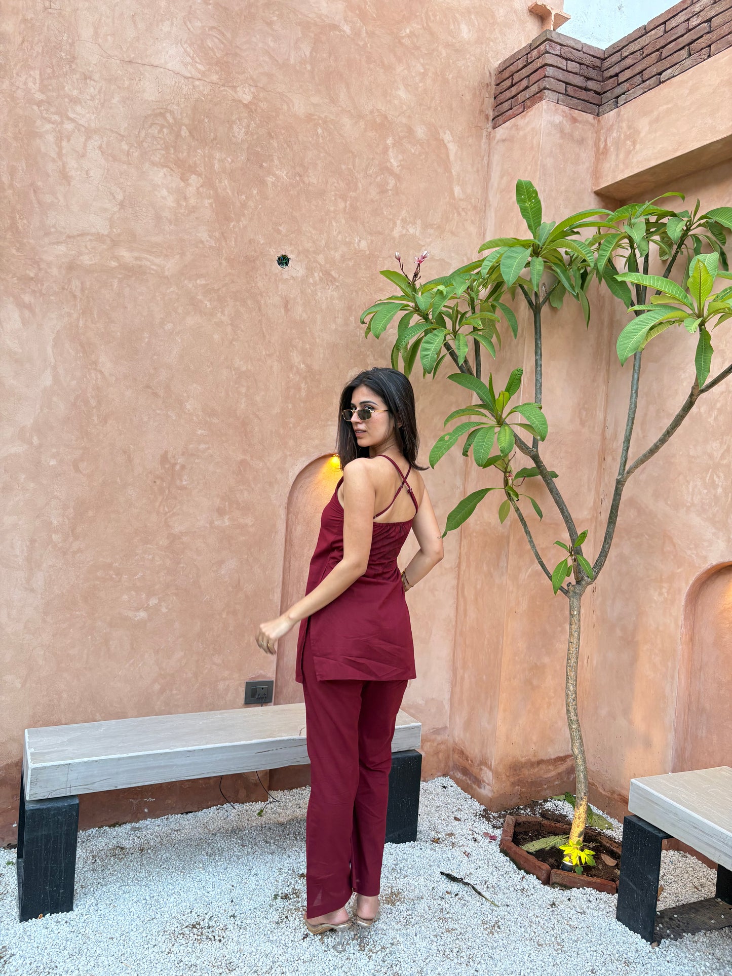 BERRY HALTERNECK KURTI PANT SET