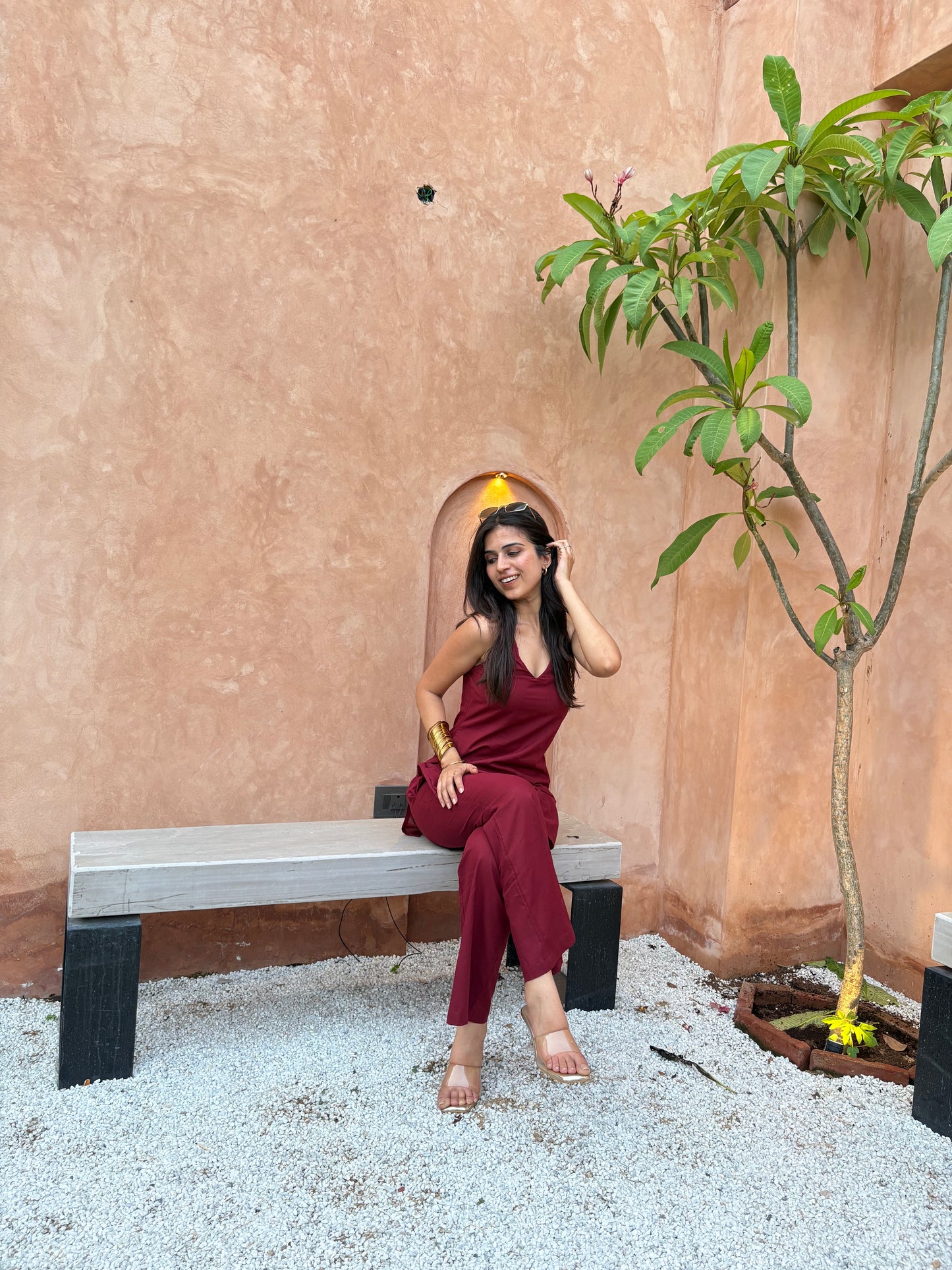 BERRY HALTERNECK KURTI PANT SET