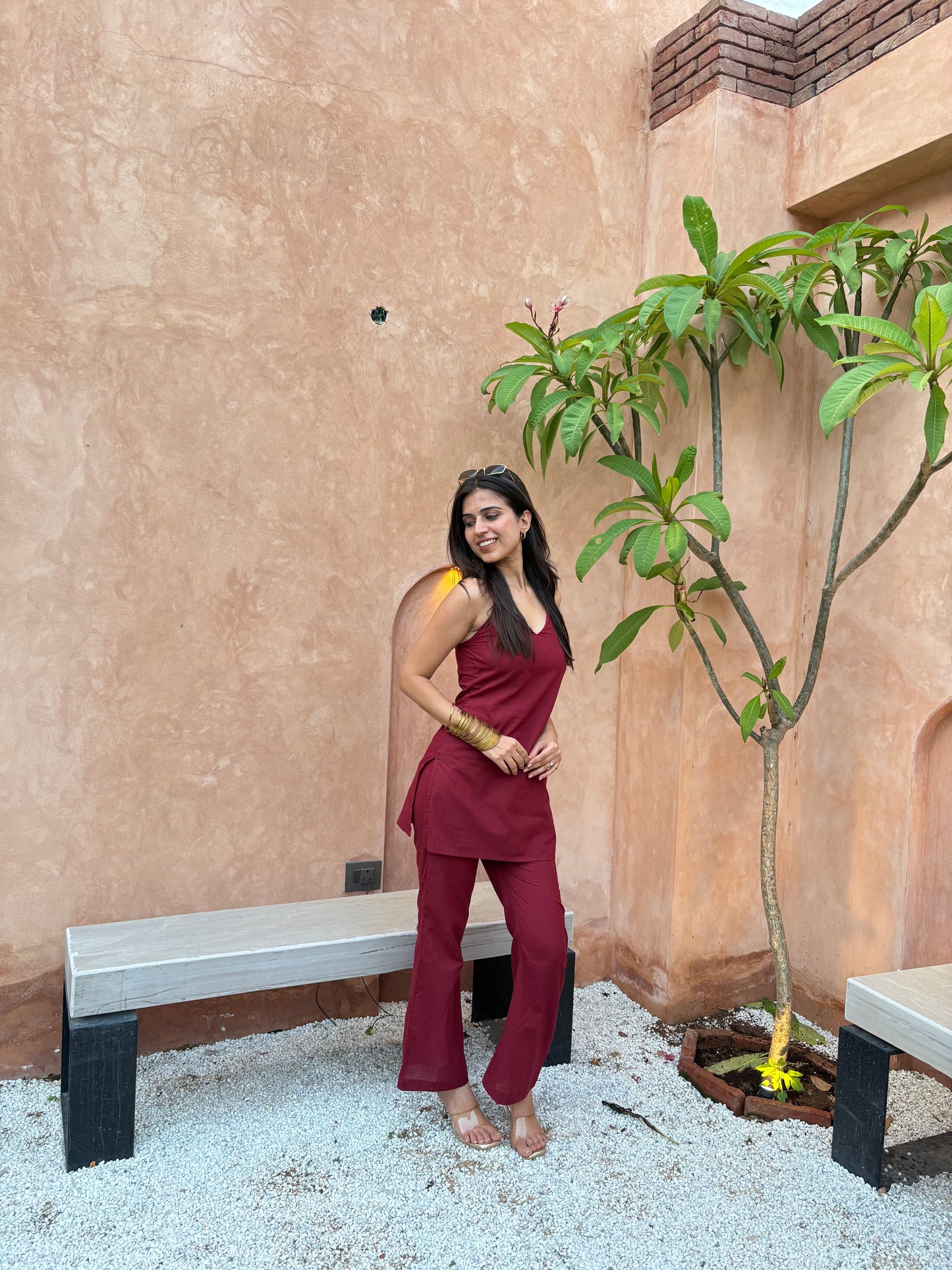 BERRY HALTERNECK KURTI PANT SET
