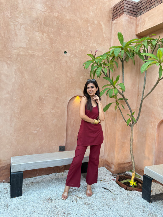 BERRY HALTERNECK KURTI PANT SET