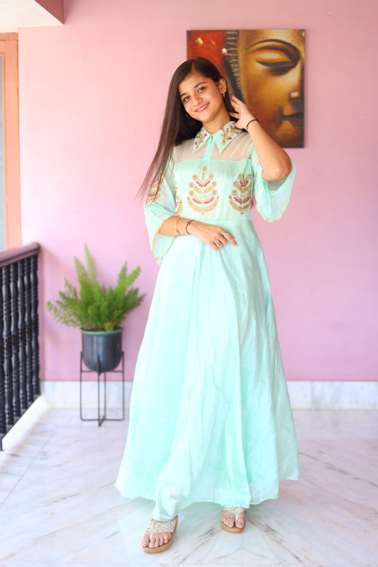 JEENAS Women Pure Maslin Silk Embroidered Designer Gown
