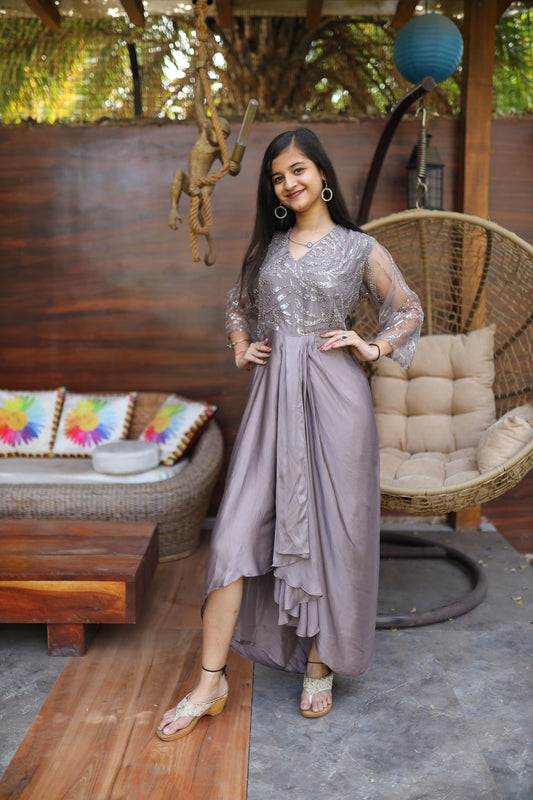 JEENAS Women Pure Silk Grey Embroidered Dress