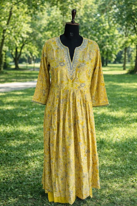 jeenas yellow floral printed and embroidered V-neck kurta