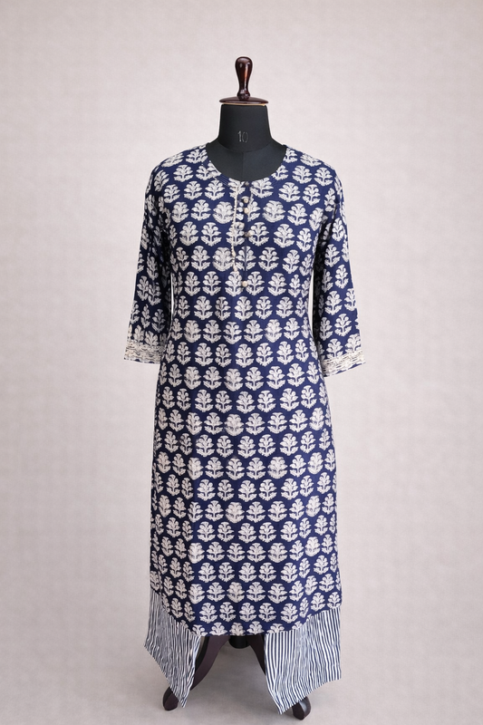 jeenas U-Neck Printed Blue Kurti with Pant.