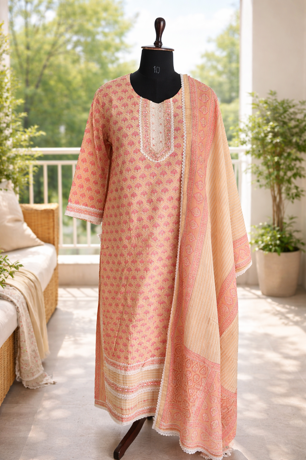 jeenas Peach Hand-Block Printed Cotton Suit Set