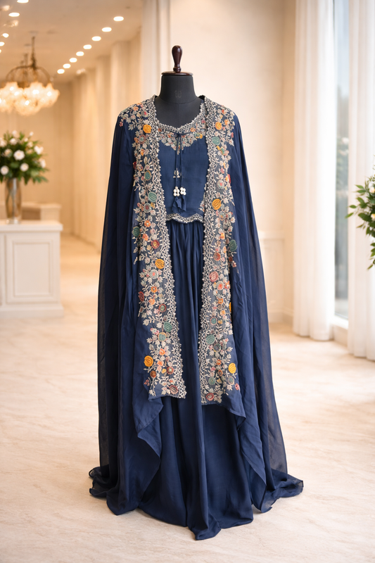 jeenas Navy Blue Anarkali & Cape Dupatta Set