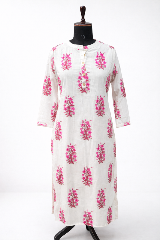 Jeenas white kurta with pink floral motifs