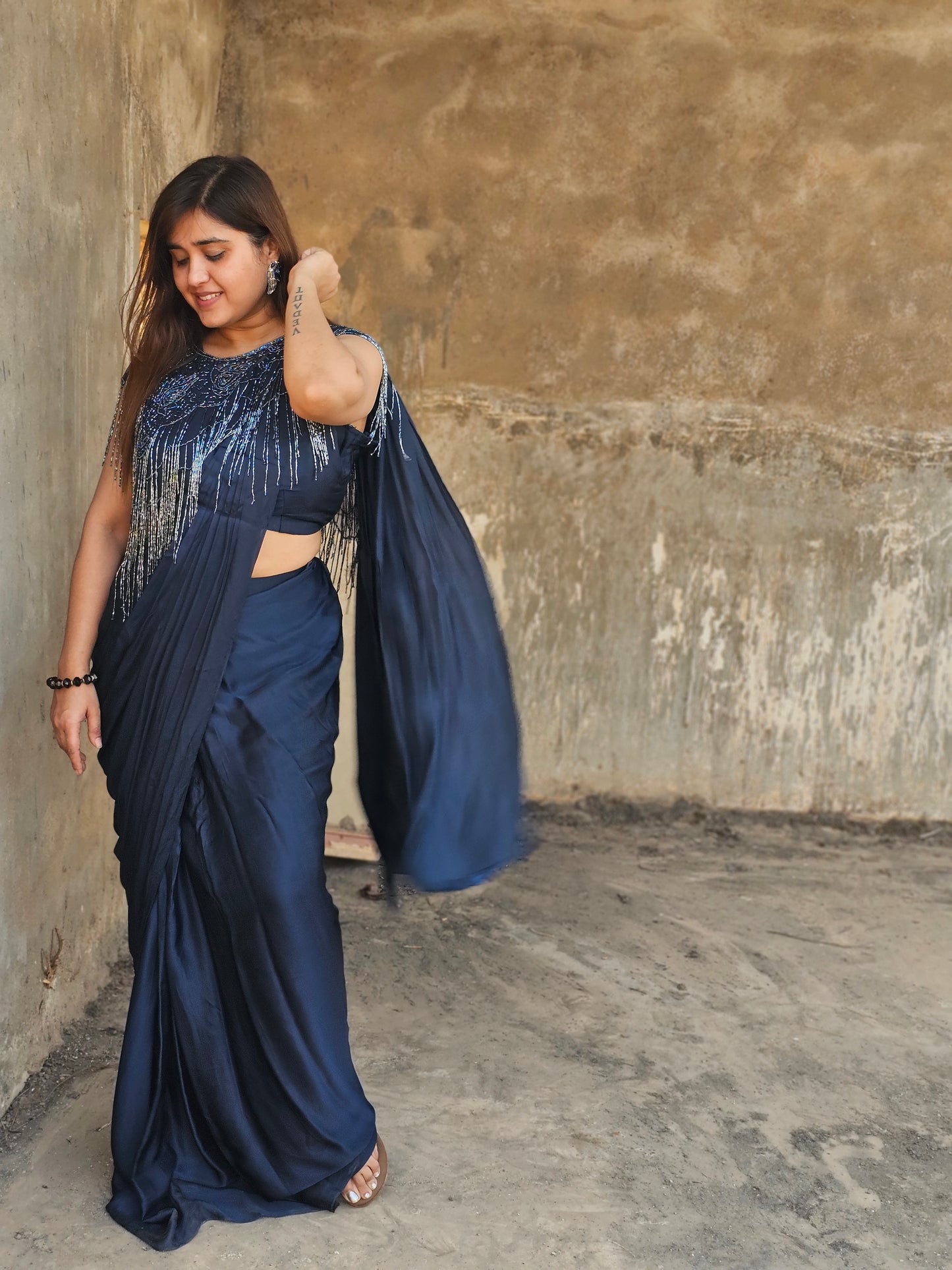 Blue Pure crepe drape saree