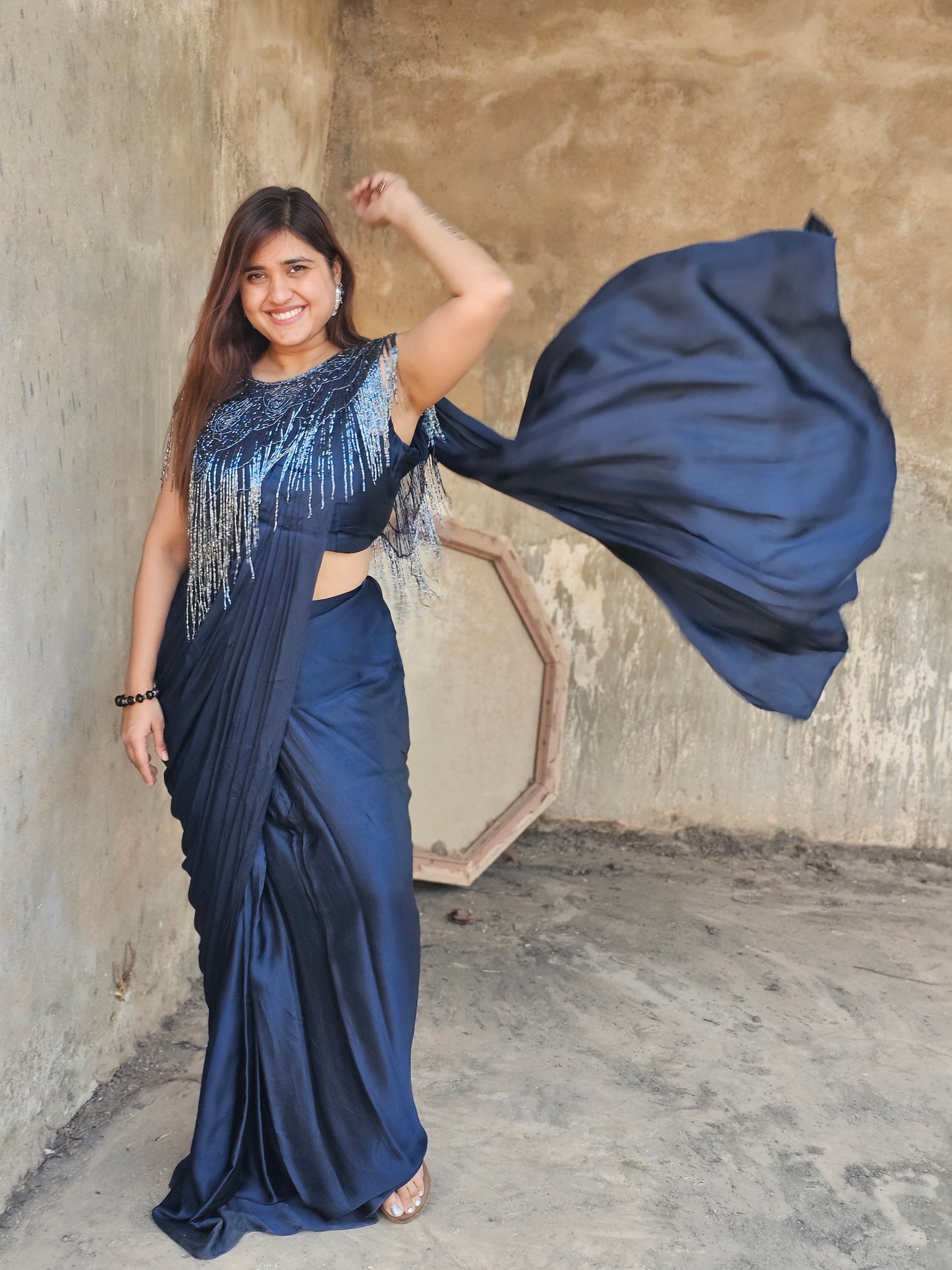 Blue Pure crepe drape saree