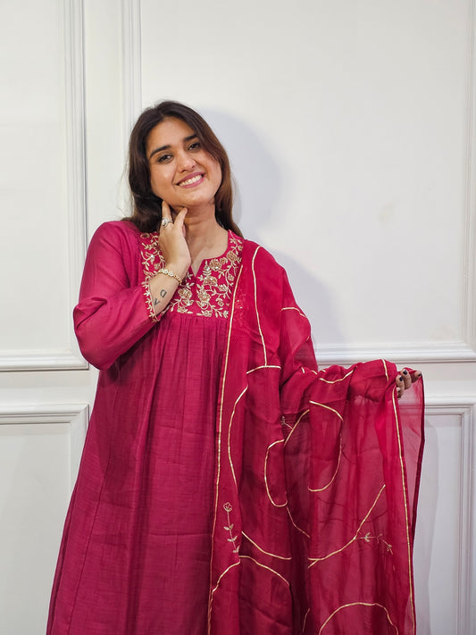 Marron mul chanderi suit set
