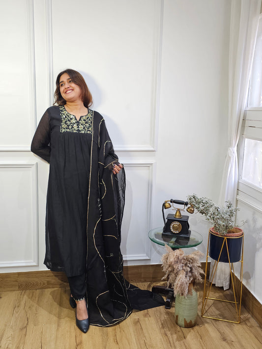 Black mul chanderi gota suit set