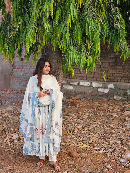 Mul cotton floral anarkali suit set