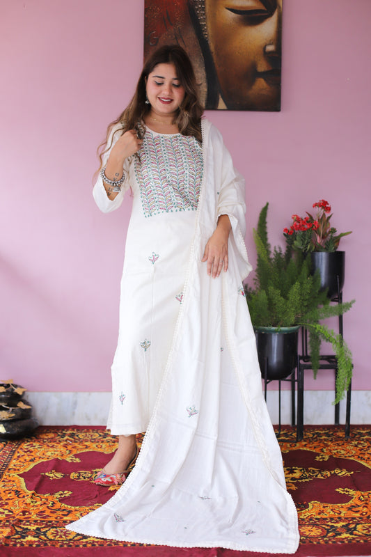 JEENAS Women Pure Cotton White Embroidered Kurta With Dupatta