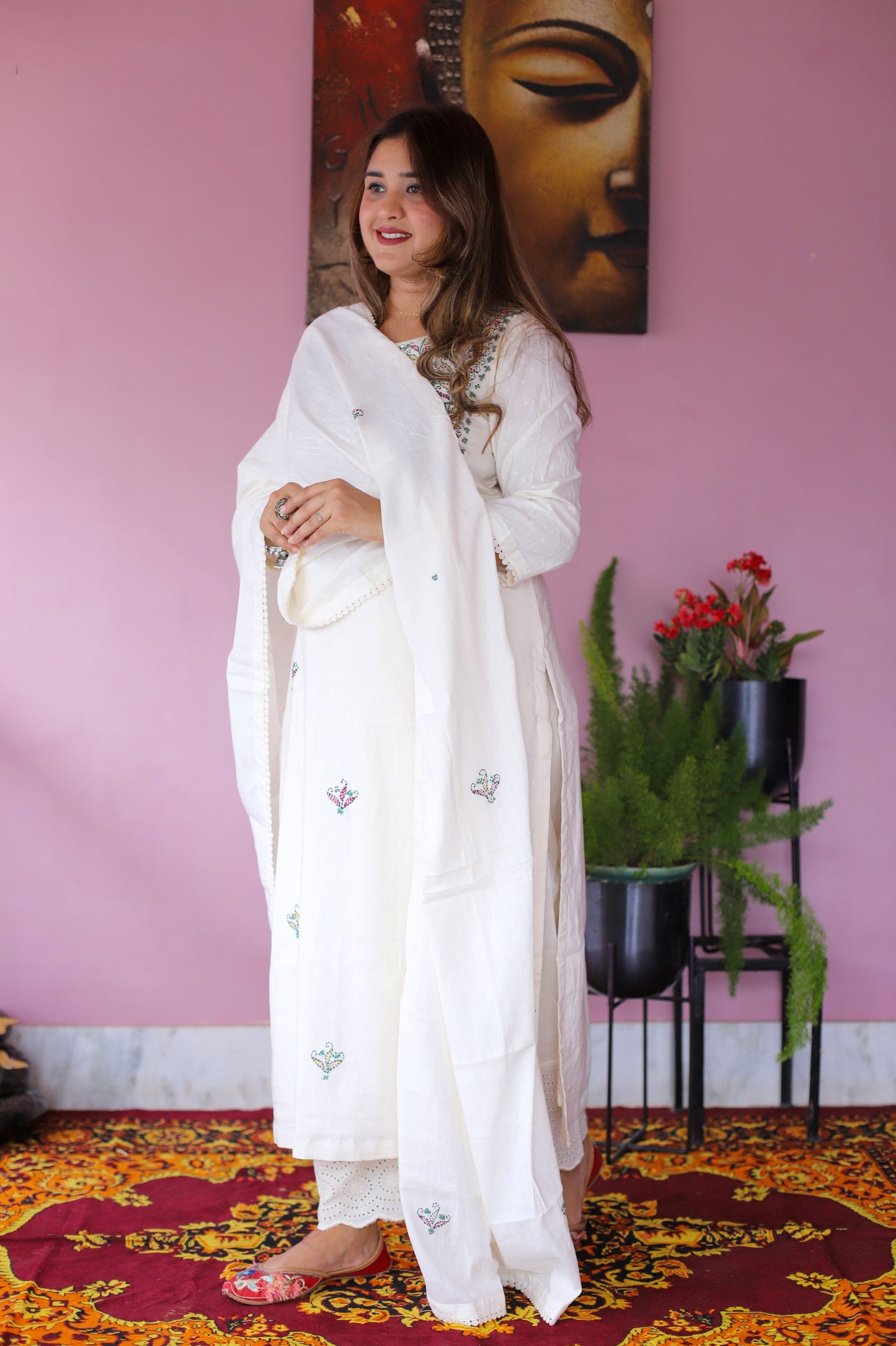 JEENAS Women Pure Cotton White Embroidered Kurta With Dupatta