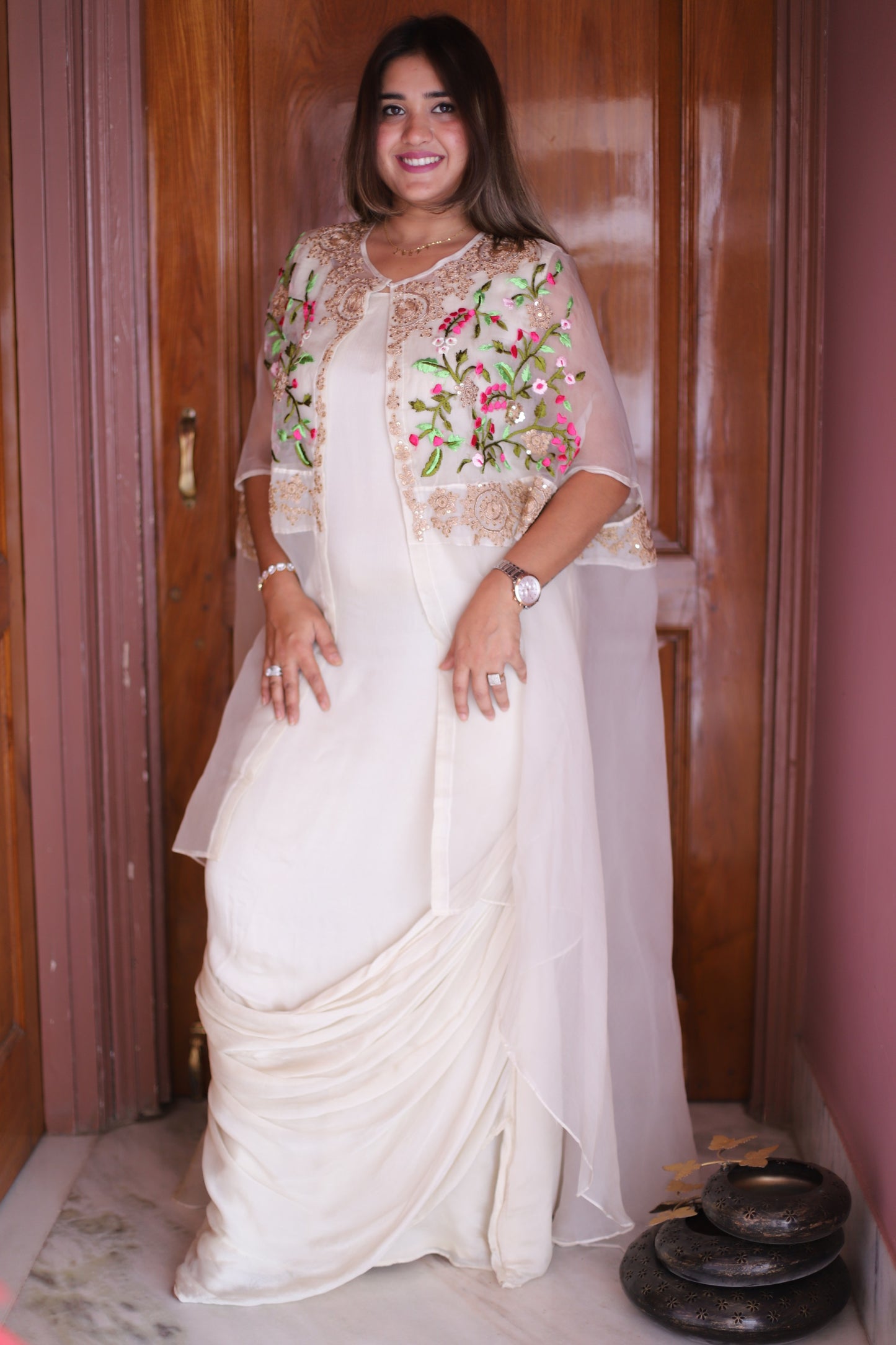 JEENAS Women Pure Chinnon With Organza Embrodery Cape Dress