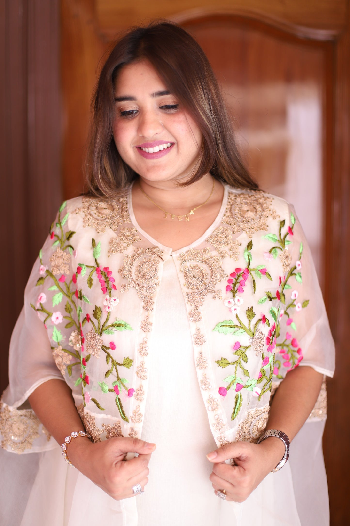 JEENAS Women Pure Chinnon With Organza Embrodery Cape Dress