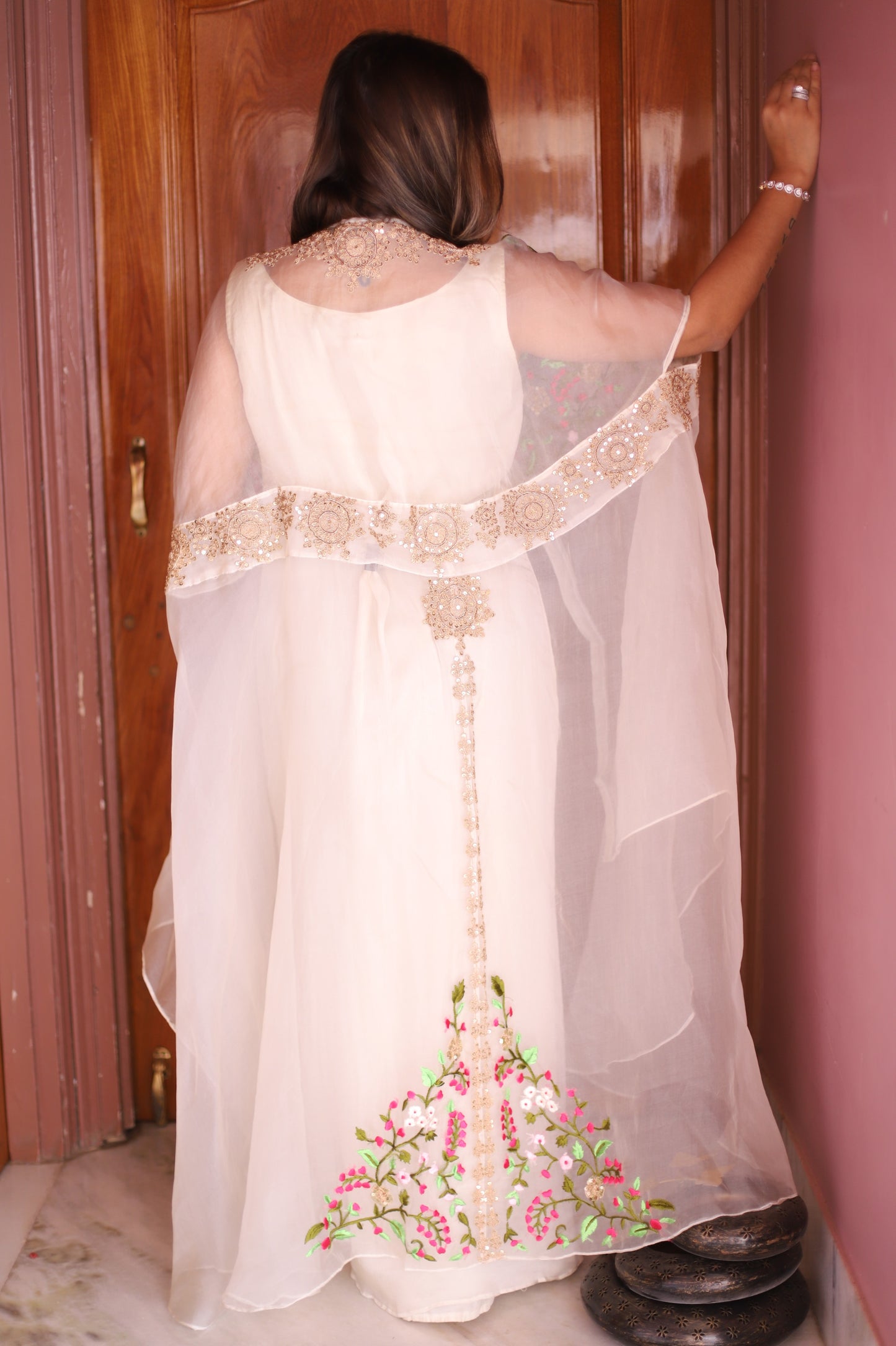 JEENAS Women Pure Chinnon With Organza Embrodery Cape Dress