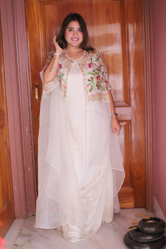 JEENAS Women Pure Chinnon With Organza Embrodery Cape Dress